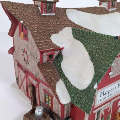 LOT 115: Department 56 Crooked Fence Cottage, Harper's Farm and Elf Bunk House with Dickens Keepsake Inn