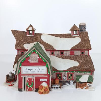 LOT 115: Department 56 Crooked Fence Cottage, Harper's Farm and Elf Bunk House with Dickens Keepsake Inn