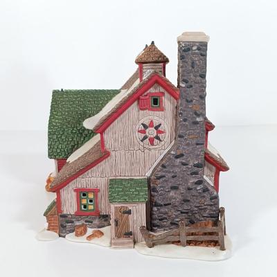LOT 115: Department 56 Crooked Fence Cottage, Harper's Farm and Elf Bunk House with Dickens Keepsake Inn