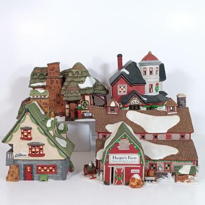 LOT 115: Department 56 Crooked Fence Cottage, Harper's Farm and Elf Bunk House with Dickens Keepsake Inn