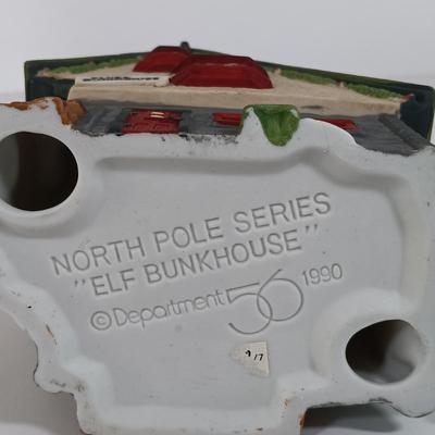 LOT 115: Department 56 Crooked Fence Cottage, Harper's Farm and Elf Bunk House with Dickens Keepsake Inn