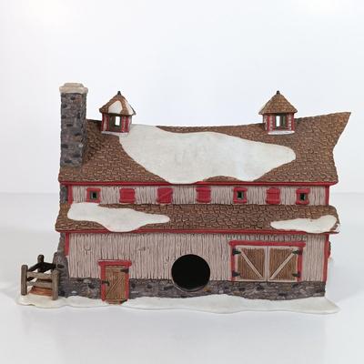 LOT 115: Department 56 Crooked Fence Cottage, Harper's Farm and Elf Bunk House with Dickens Keepsake Inn
