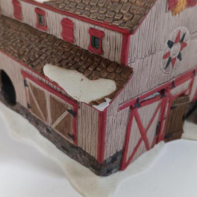 LOT 115: Department 56 Crooked Fence Cottage, Harper's Farm and Elf Bunk House with Dickens Keepsake Inn