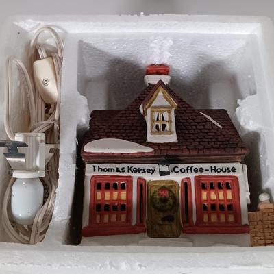 LOT 119: Dept 56 Theatre Royal, Coffee House, Wool Shop, By the Pond & Mutton and Ham