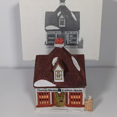 LOT 119: Dept 56 Theatre Royal, Coffee House, Wool Shop, By the Pond & Mutton and Ham