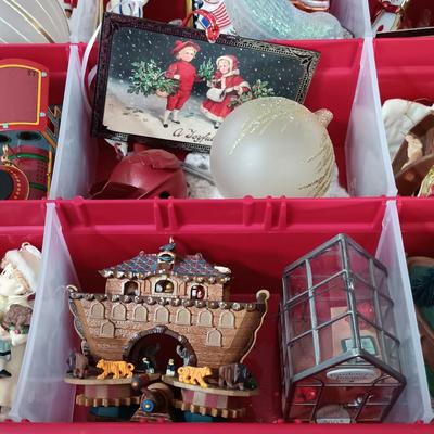 LOT 121: Christmas Collection - (3) Cases of Ornaments, Vintage Cardboard Santa's, Plastic Popcorn Noel Sign & More