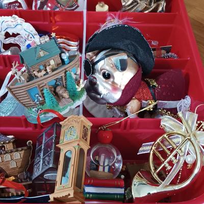LOT 121: Christmas Collection - (3) Cases of Ornaments, Vintage Cardboard Santa's, Plastic Popcorn Noel Sign & More