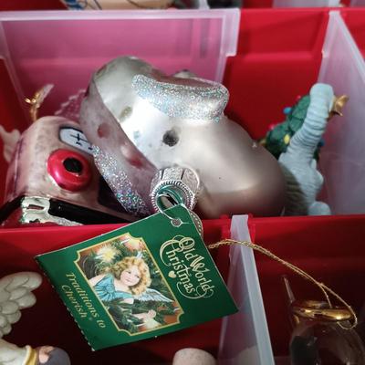 LOT 121: Christmas Collection - (3) Cases of Ornaments, Vintage Cardboard Santa's, Plastic Popcorn Noel Sign & More