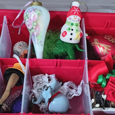 LOT 121: Christmas Collection - (3) Cases of Ornaments, Vintage Cardboard Santa's, Plastic Popcorn Noel Sign & More