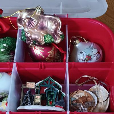LOT 121: Christmas Collection - (3) Cases of Ornaments, Vintage Cardboard Santa's, Plastic Popcorn Noel Sign & More