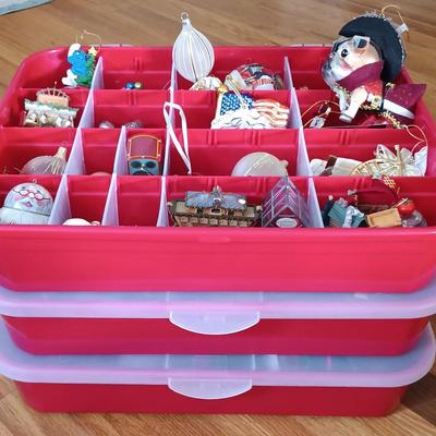 LOT 121: Christmas Collection - (3) Cases of Ornaments, Vintage Cardboard Santa's, Plastic Popcorn Noel Sign & More