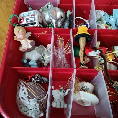LOT 121: Christmas Collection - (3) Cases of Ornaments, Vintage Cardboard Santa's, Plastic Popcorn Noel Sign & More