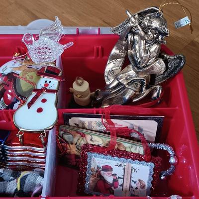 LOT 121: Christmas Collection - (3) Cases of Ornaments, Vintage Cardboard Santa's, Plastic Popcorn Noel Sign & More