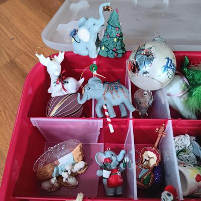 LOT 121: Christmas Collection - (3) Cases of Ornaments, Vintage Cardboard Santa's, Plastic Popcorn Noel Sign & More