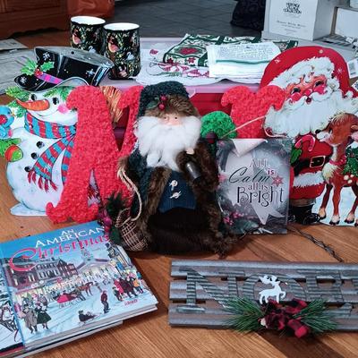 LOT 121: Christmas Collection - (3) Cases of Ornaments, Vintage Cardboard Santa's, Plastic Popcorn Noel Sign & More