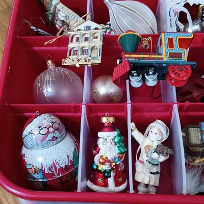 LOT 121: Christmas Collection - (3) Cases of Ornaments, Vintage Cardboard Santa's, Plastic Popcorn Noel Sign & More