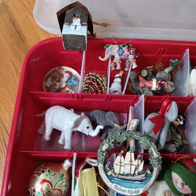 LOT 121: Christmas Collection - (3) Cases of Ornaments, Vintage Cardboard Santa's, Plastic Popcorn Noel Sign & More