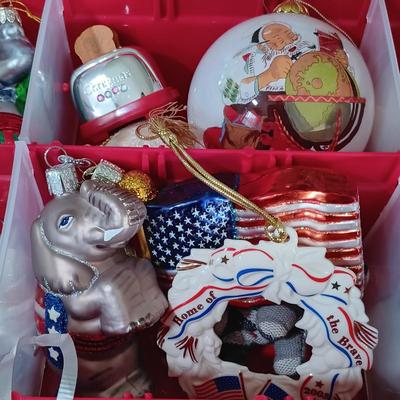 LOT 121: Christmas Collection - (3) Cases of Ornaments, Vintage Cardboard Santa's, Plastic Popcorn Noel Sign & More