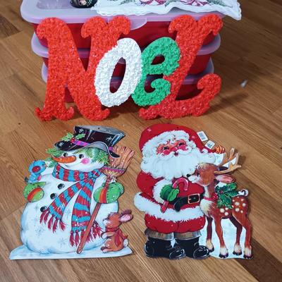 LOT 121: Christmas Collection - (3) Cases of Ornaments, Vintage Cardboard Santa's, Plastic Popcorn Noel Sign & More