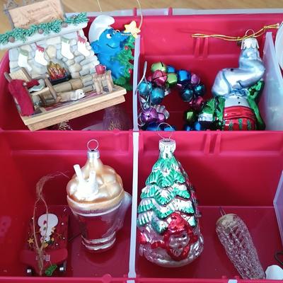 LOT 121: Christmas Collection - (3) Cases of Ornaments, Vintage Cardboard Santa's, Plastic Popcorn Noel Sign & More