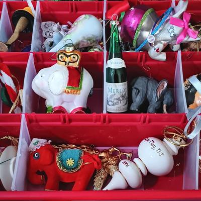 LOT 121: Christmas Collection - (3) Cases of Ornaments, Vintage Cardboard Santa's, Plastic Popcorn Noel Sign & More