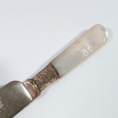 LOT 122: Pink Depression Glass Serving Dishes with Mother of Pearl Knife & Pressed Clear Glass Dish