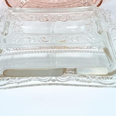 LOT 122: Pink Depression Glass Serving Dishes with Mother of Pearl Knife & Pressed Clear Glass Dish