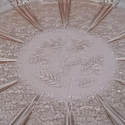 LOT 122: Pink Depression Glass Serving Dishes with Mother of Pearl Knife & Pressed Clear Glass Dish