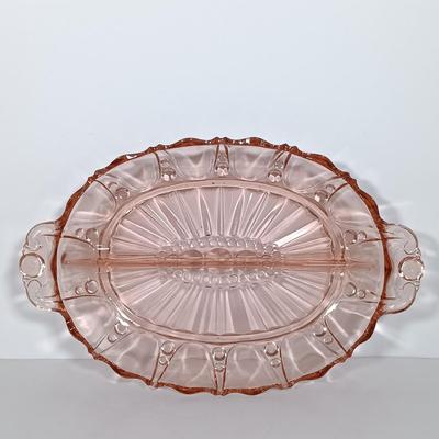 LOT 122: Pink Depression Glass Serving Dishes with Mother of Pearl Knife & Pressed Clear Glass Dish