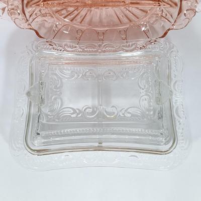 LOT 122: Pink Depression Glass Serving Dishes with Mother of Pearl Knife & Pressed Clear Glass Dish