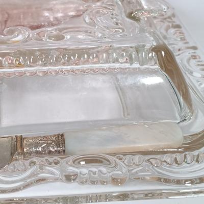 LOT 122: Pink Depression Glass Serving Dishes with Mother of Pearl Knife & Pressed Clear Glass Dish