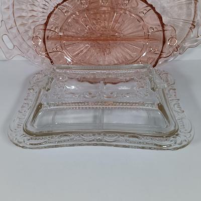 LOT 122: Pink Depression Glass Serving Dishes with Mother of Pearl Knife & Pressed Clear Glass Dish