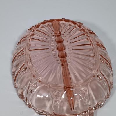 LOT 122: Pink Depression Glass Serving Dishes with Mother of Pearl Knife & Pressed Clear Glass Dish