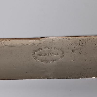 LOT 122: Pink Depression Glass Serving Dishes with Mother of Pearl Knife & Pressed Clear Glass Dish