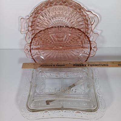 LOT 122: Pink Depression Glass Serving Dishes with Mother of Pearl Knife & Pressed Clear Glass Dish