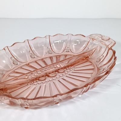 LOT 122: Pink Depression Glass Serving Dishes with Mother of Pearl Knife & Pressed Clear Glass Dish