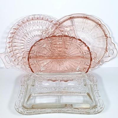 LOT 122: Pink Depression Glass Serving Dishes with Mother of Pearl Knife & Pressed Clear Glass Dish