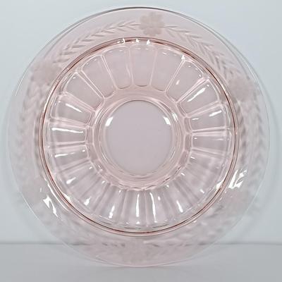 LOT 123: Pink Depression Glass Plates, Pitcher, Glasses & Handled Serving Dish