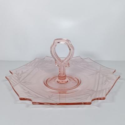 LOT 123: Pink Depression Glass Plates, Pitcher, Glasses & Handled Serving Dish