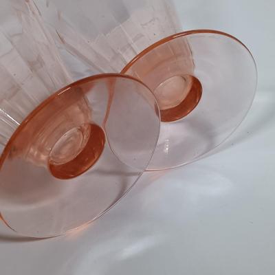 LOT 123: Pink Depression Glass Plates, Pitcher, Glasses & Handled Serving Dish