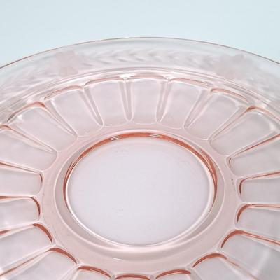 LOT 123: Pink Depression Glass Plates, Pitcher, Glasses & Handled Serving Dish