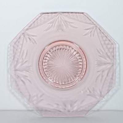 LOT 123: Pink Depression Glass Plates, Pitcher, Glasses & Handled Serving Dish