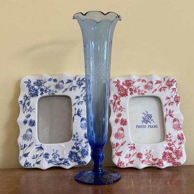 LOT 136: Vintage Cobalt Blue Vase, Lenox Elephant Trinket Boxes, Floral Wall Picture Frames