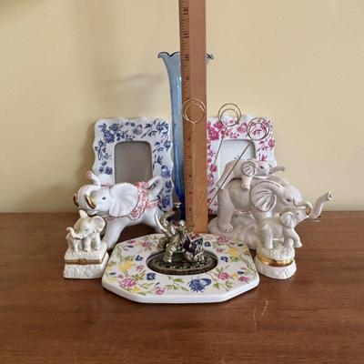 LOT 136: Vintage Cobalt Blue Vase, Lenox Elephant Trinket Boxes, Floral Wall Picture Frames