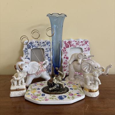 LOT 136: Vintage Cobalt Blue Vase, Lenox Elephant Trinket Boxes, Floral Wall Picture Frames