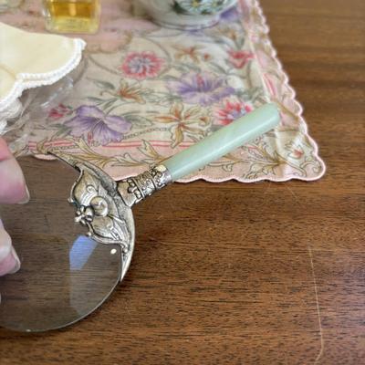 LOT 137: Crystal Perfume Bottles, Vintage Ladies Gloves Porcelain Hair Receiver, Vintage Style Magnifying Glass w/Stone Handle