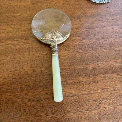 LOT 137: Crystal Perfume Bottles, Vintage Ladies Gloves Porcelain Hair Receiver, Vintage Style Magnifying Glass w/Stone Handle