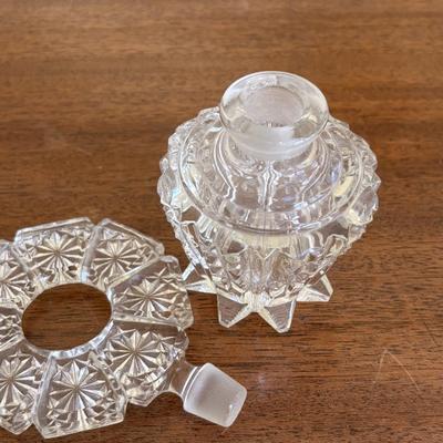 LOT 137: Crystal Perfume Bottles, Vintage Ladies Gloves Porcelain Hair Receiver, Vintage Style Magnifying Glass w/Stone Handle