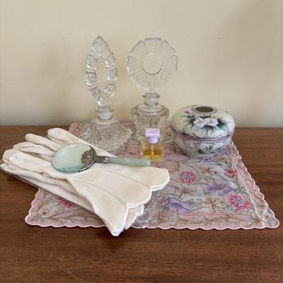 LOT 137: Crystal Perfume Bottles, Vintage Ladies Gloves Porcelain Hair Receiver, Vintage Style Magnifying Glass w/Stone Handle