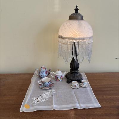 LOT 138: Victorian Style Table Lamp w/Glass & Beaded Shade, Miniature Teapot Collectibles